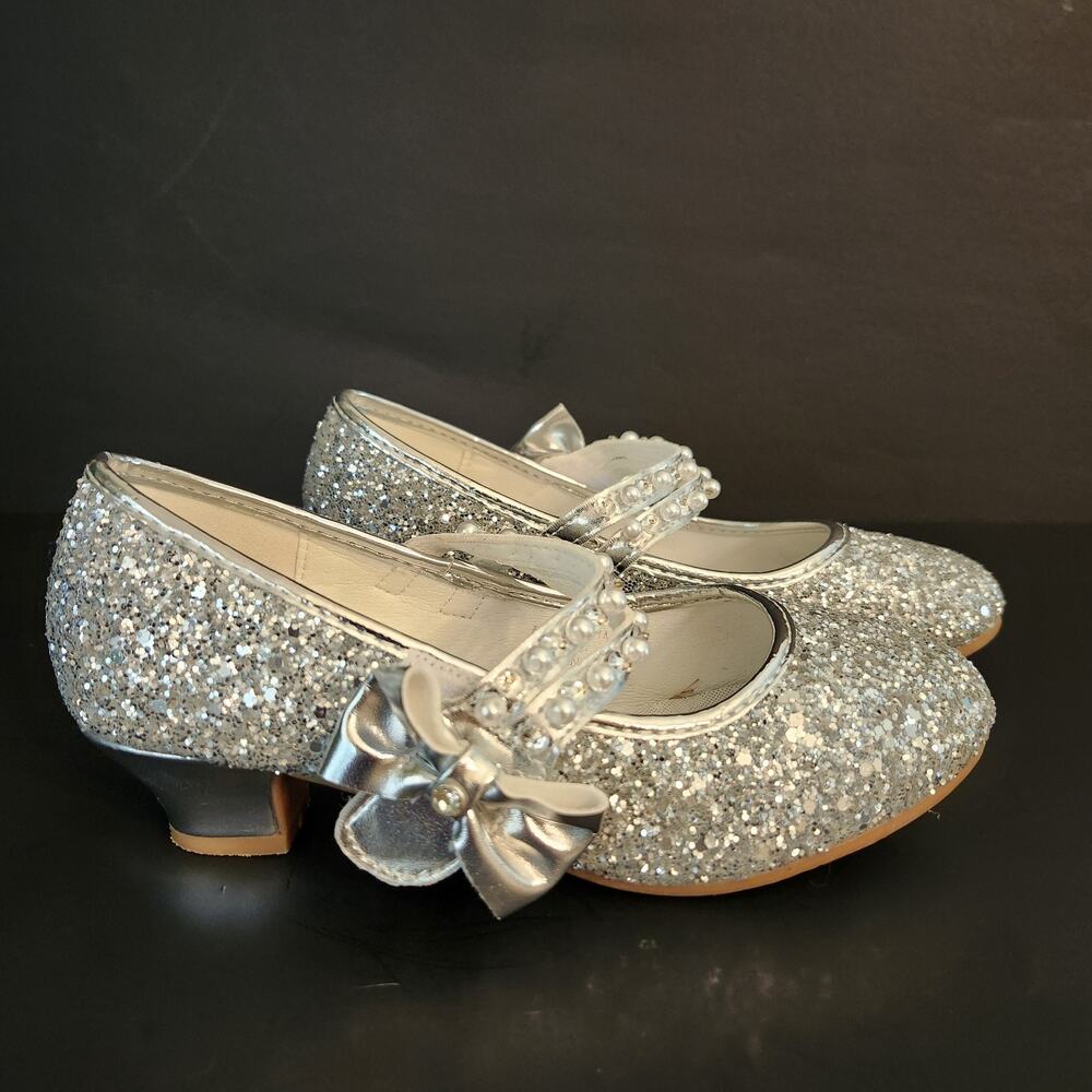 Girls Motasha Low Heel Dress Shoes Silver Glitter Pumps Sz 1 M Pearls & Beads